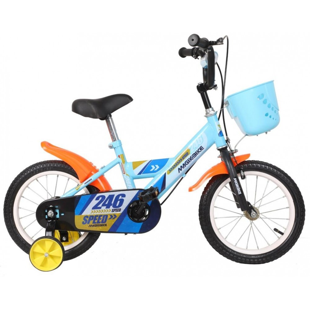 B064 Bicicleta Magic para niños talla 14 con cesta y ruedines 4-6 años AZUL