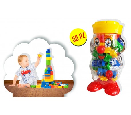 Juego de construcción de 56 piezas con ladrillos de colores en maletín en forma de payaso 105246 