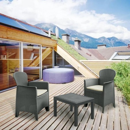 Salón para interior y exterior AKITA Polirrattan gris 2 sillones y mesita centro