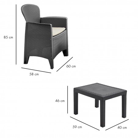Salón para interior y exterior AKITA Polirrattan gris 2 sillones y mesita centro