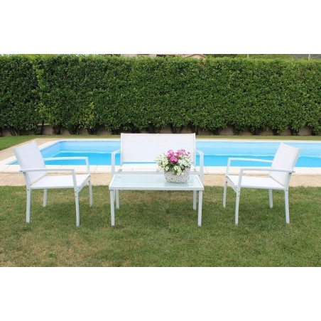 Salón Missouri para jardín con sillas y mesa de centro en Textilene color blanco