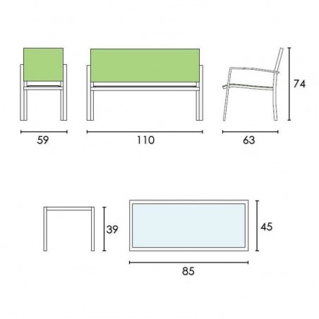 Salón Missouri para jardín con sillas y mesa de centro en Textilene color blanco