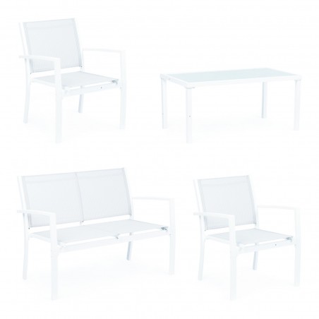 Salón Missouri para jardín con sillas y mesa de centro en Textilene color blanco