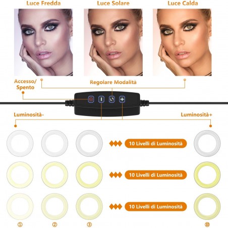 730492 Anillo LED selfie de 20 cm con 2 soportes para smartphones 3 modos de luz