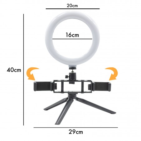 730492 Anillo LED selfie de 20 cm con 2 soportes para smartphones 3 modos de luz
