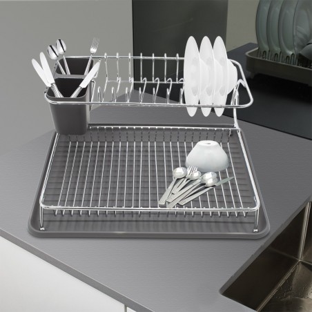 385741 Escurridor de platos en acero con bandeja y compartimento para cubiertos