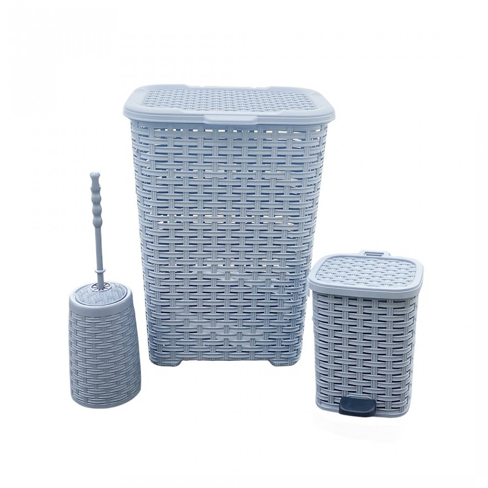 304643 Set 3pcs accesorios de baño en ratán cesto para la ropa y escobillero