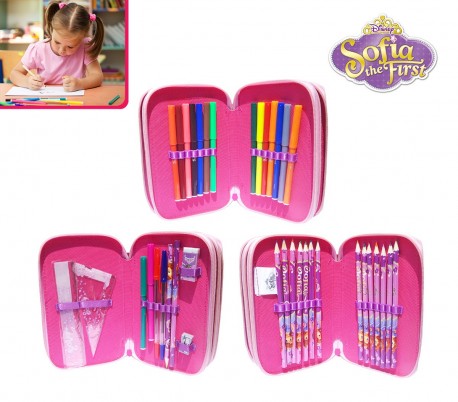 Estuche escolar de 38 piezas con motivo de PRINCESA SOFÍA incluye rotuladores lápices de colores y diferentes accesorios