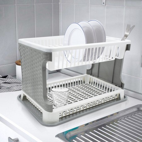 26029 Escurridor platos en plástico de ratán 2 niveles para fregadero de cocina