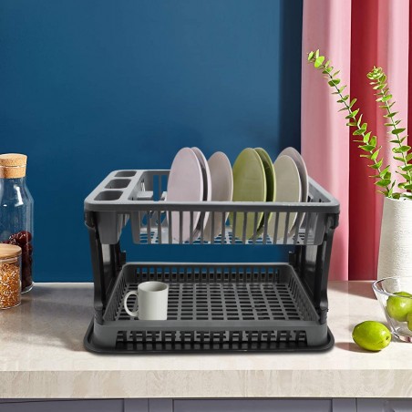570714 Escurridor platos Gris en plástico de ratán 2 niveles para el fregadero