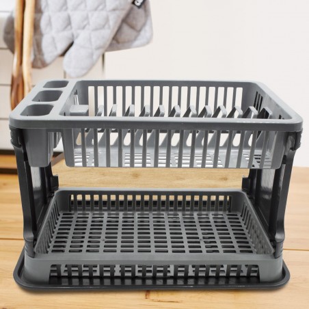 570714 Escurridor platos Gris en plástico de ratán 2 niveles para el fregadero