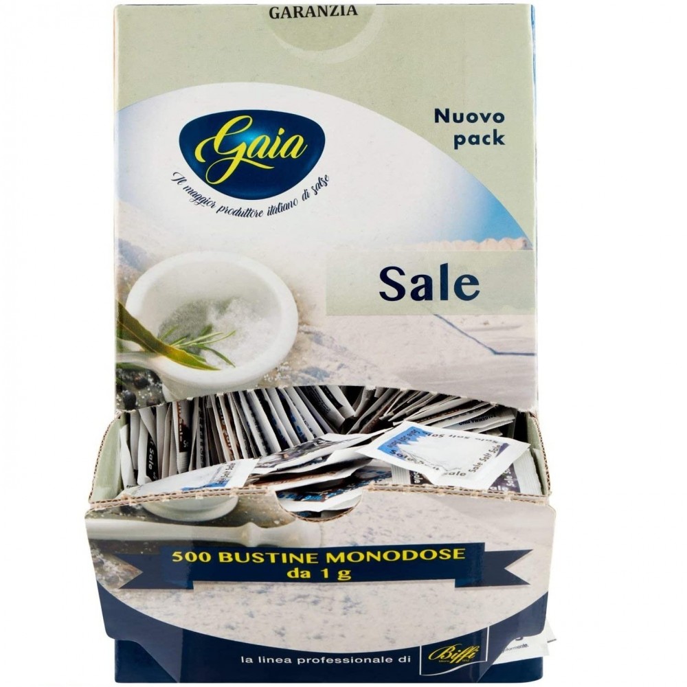 Pack 500 sobres sal yodada GAIA monodosis con dispensador Formato 1gr