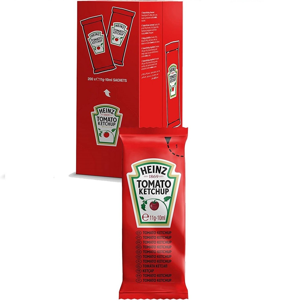 Pack dispensador 200 sobres de ketchup HEINZ, formato de una sola porción, 10 ml