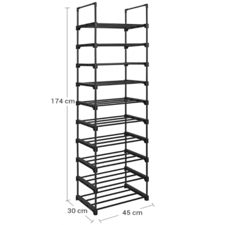 Zapatero NEGRO con 10 estantes modulares y tubos de metal - Estantes apilables