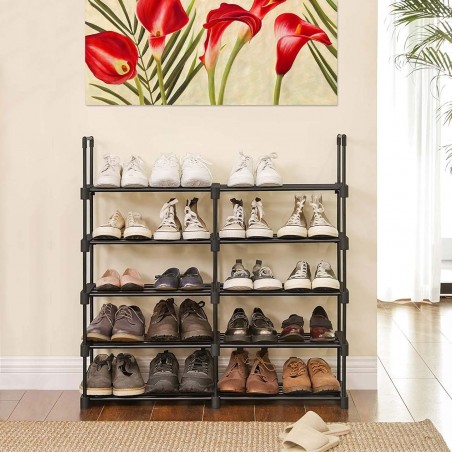 Zapatero NEGRO con 10 estantes modulares y tubos de metal - Estantes apilables