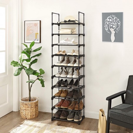 Zapatero NEGRO con 10 estantes modulares y tubos de metal - Estantes apilables