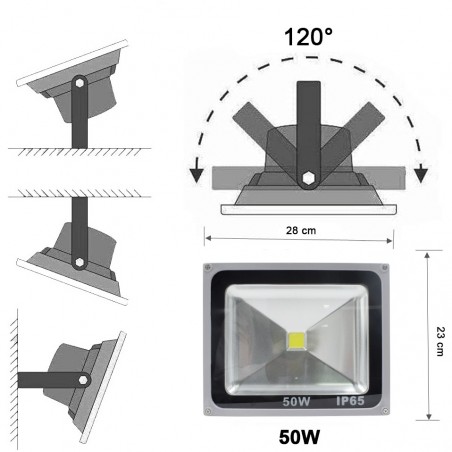 Foco led de luz fría 50w con soporte angular 120 ° y protección IP65