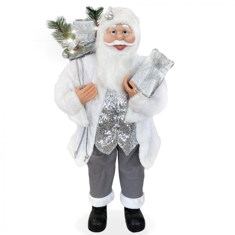 144224 Papá Noel blanco y plateado Vestido terciopelo 90Hcm con Luces y Sonidos