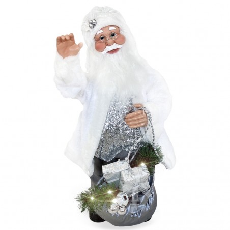 144225 Papá Noel Vestido Blanco y Plata de terciopelo 80H cm con Luces y Sonidos