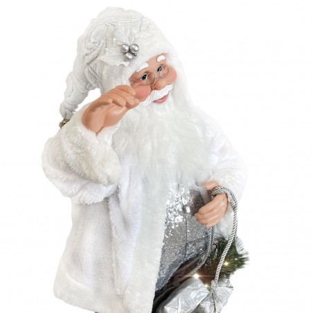 144225 Papá Noel Vestido Blanco y Plata de terciopelo 80H cm con Luces y Sonidos