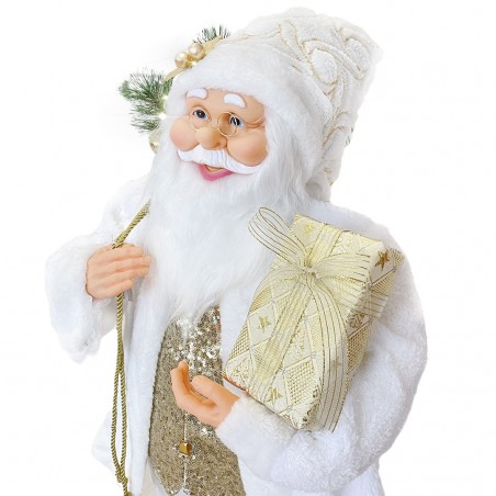 144233 Papá Noel Decoración de terciopelo blanco y dorado 120H luces y sonido