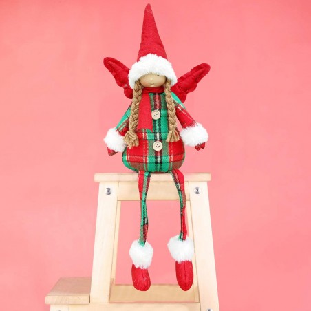 305187 Hada navideña sentada con vestido escocés Decoración con luz 20X12 cm