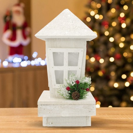 859724 Farol de Navidad decoración de madera con purpurina e iluminación