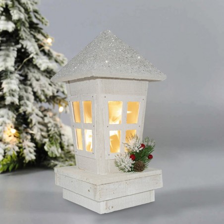 859724 Farol de Navidad decoración de madera con purpurina e iluminación