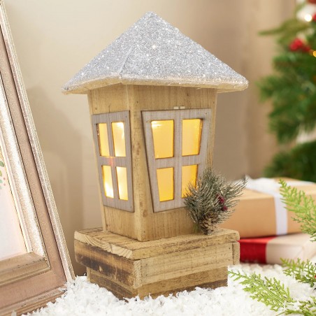 859717 Farol de Navidad decoración de madera con purpurina e iluminación