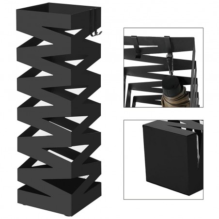 Paragüero cuadrado de metal negro diseño estilo moderno con ganchos 49x15,5 cm