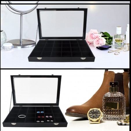 Joyero con 24 compartimentos, caja negra resellable expositor de joyas