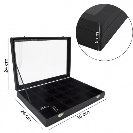 Joyero con 24 compartimentos, caja negra resellable expositor de joyas