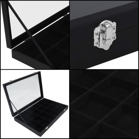 Joyero con 24 compartimentos, caja negra resellable expositor de joyas