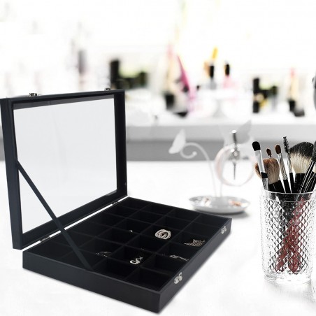 Joyero con 24 compartimentos, caja negra resellable expositor de joyas