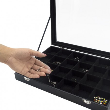 Joyero con 24 compartimentos, caja negra resellable expositor de joyas