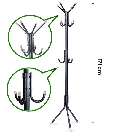 Perchero en metal negro para el hogar con 11 ganchos y 171 cm de altura