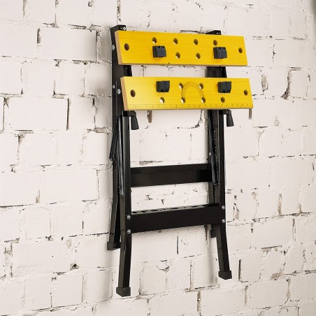 Banco de trabajo bricolaje plegable con bloquadores laterales y portaherramienta