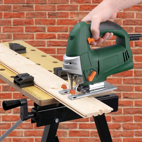 Banco de trabajo bricolaje plegable con bloquadores laterales y portaherramienta