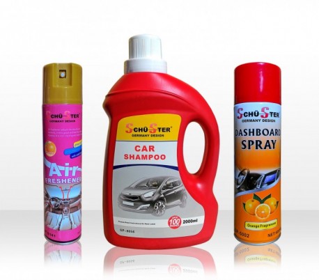 Kit 3 productos SCHU-STER para limpiar el coche spray perfumado champú y el esmalte para salpicadero 