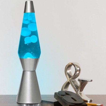 XL1764 Lámpara Lava 40cm base plata magma Glitter diseño azul y blanco