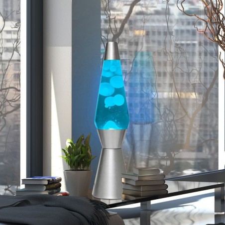 XL1764 Lámpara Lava 40cm base plata magma Glitter diseño azul y blanco