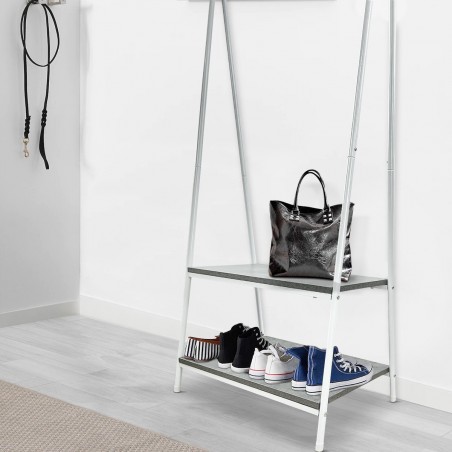 Perchero metálico de pie con 2 estantes para entradas de casa