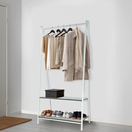 Perchero metálico de pie con 2 estantes para entradas de casa