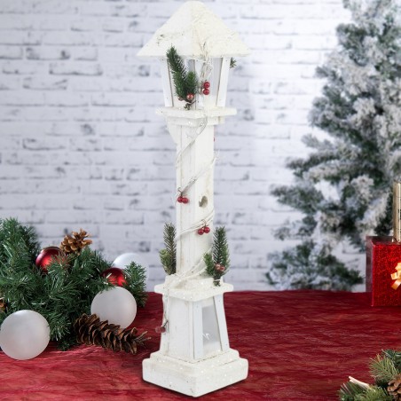 662430 Farola de Navidad madera blanca decoración 61 cm con luz LED cálida