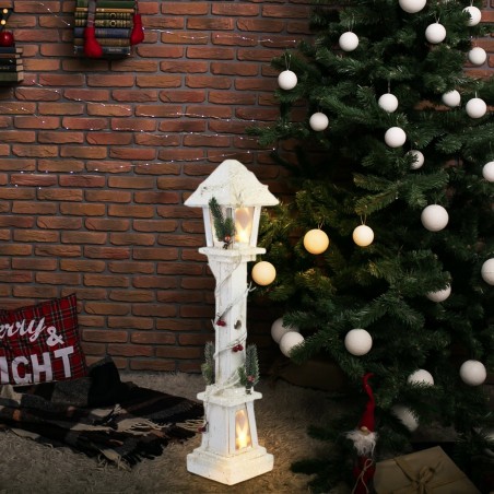 662430 Farola de Navidad madera blanca decoración 61 cm con luz LED cálida