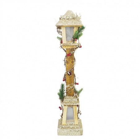 662430 Farola de Navidad de madera con brillo dorado 61 cm con luz led cálida