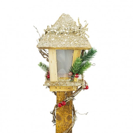 662430 Farola de Navidad de madera con brillo dorado 61 cm con luz led cálida