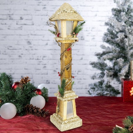 662430 Farola de Navidad de madera con brillo dorado 61 cm con luz led cálida