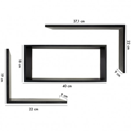 Estante de pared rectangular decorativo en madera negra 3 piezas