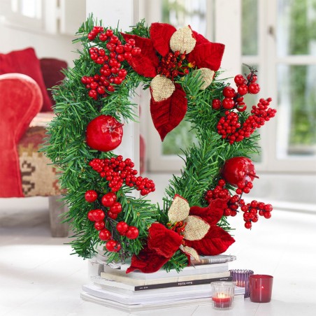 Guirnalda de puerta redonda para Navidad de 35 cm con decoraciones rojas